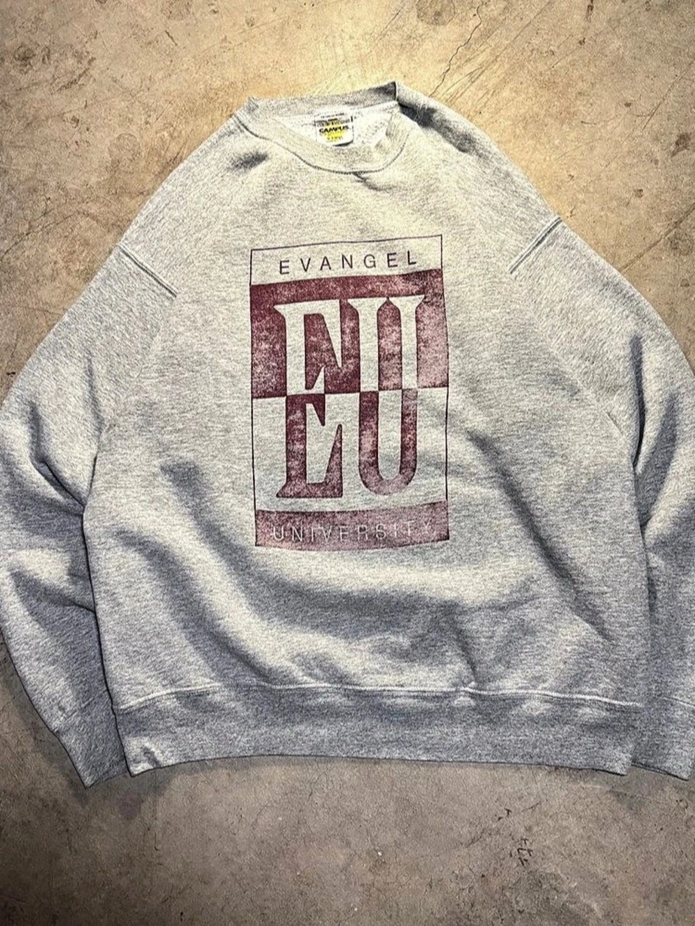 Vintage 90s Campus Outfitters Evangel University gray sweatshirt with red and wh